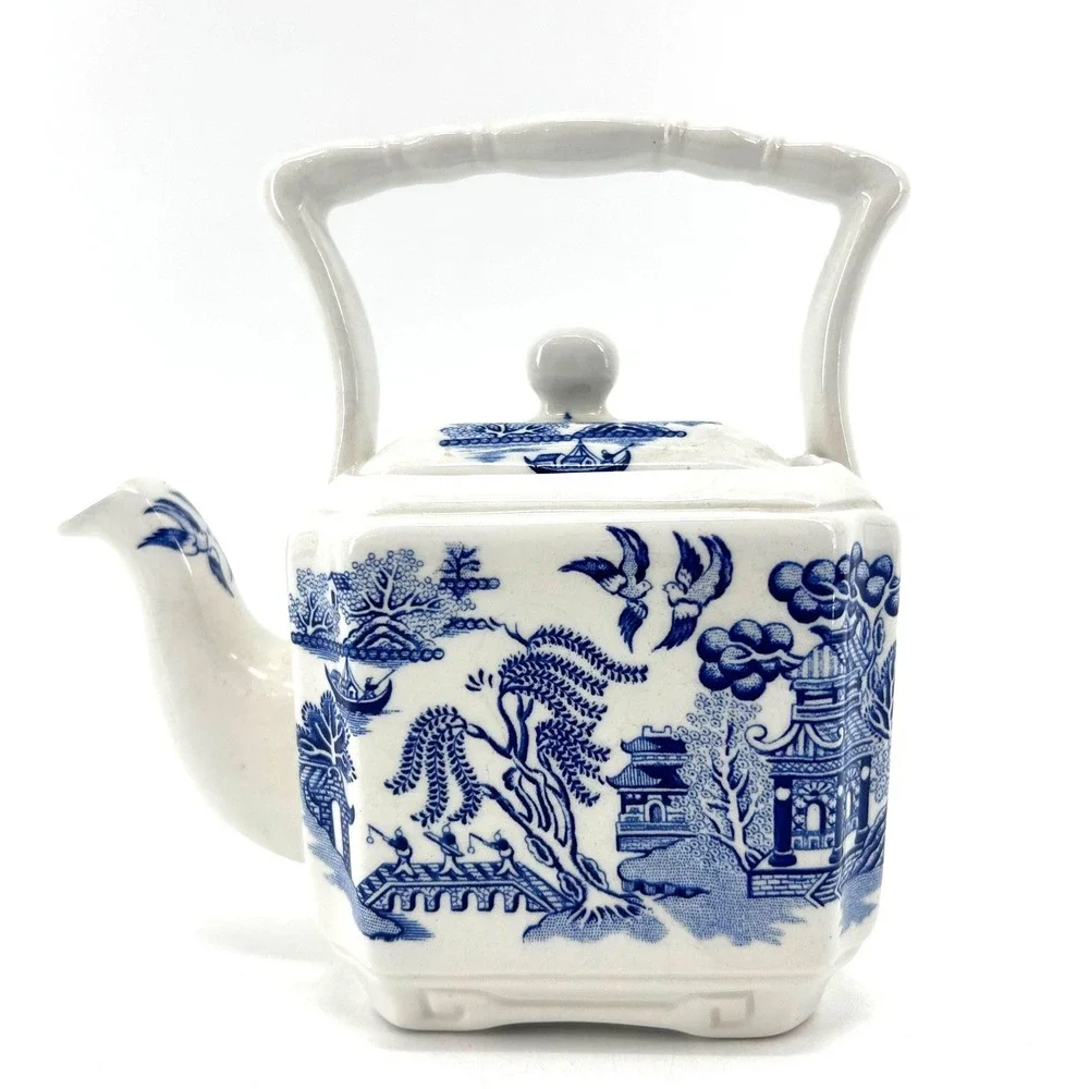 Churchill Blue Willow Chinoiserie Ceramic Teapot Blue White Pagoda Square Base